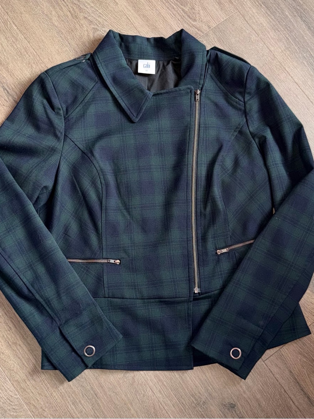 CAbi Green and Black Plaid Asymmetric Zip Blazer